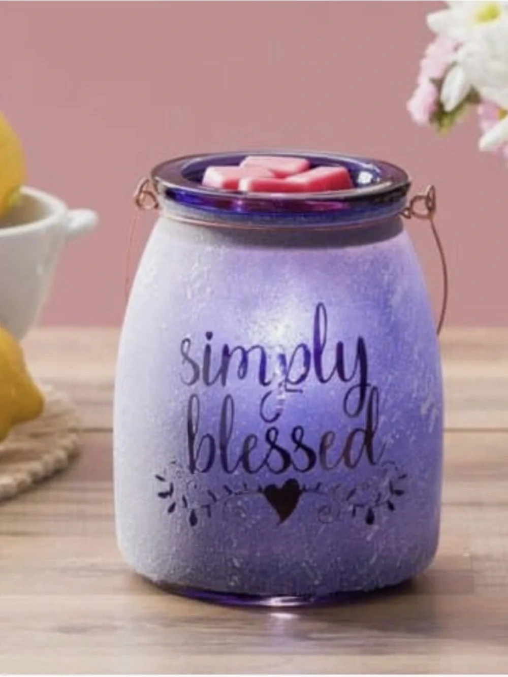 Scentsy Gray 'Simply Blessed' Lantern with Copper Handle and Blue Rim
